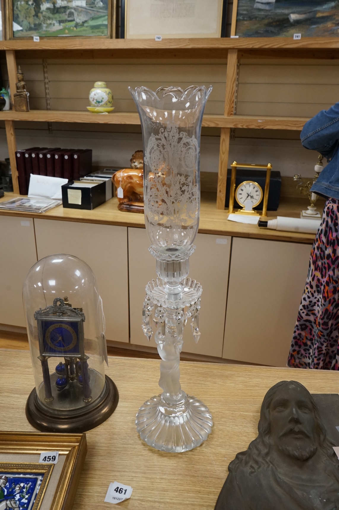 A Baccarat lustre drop figural glass candlestick, 62cm
